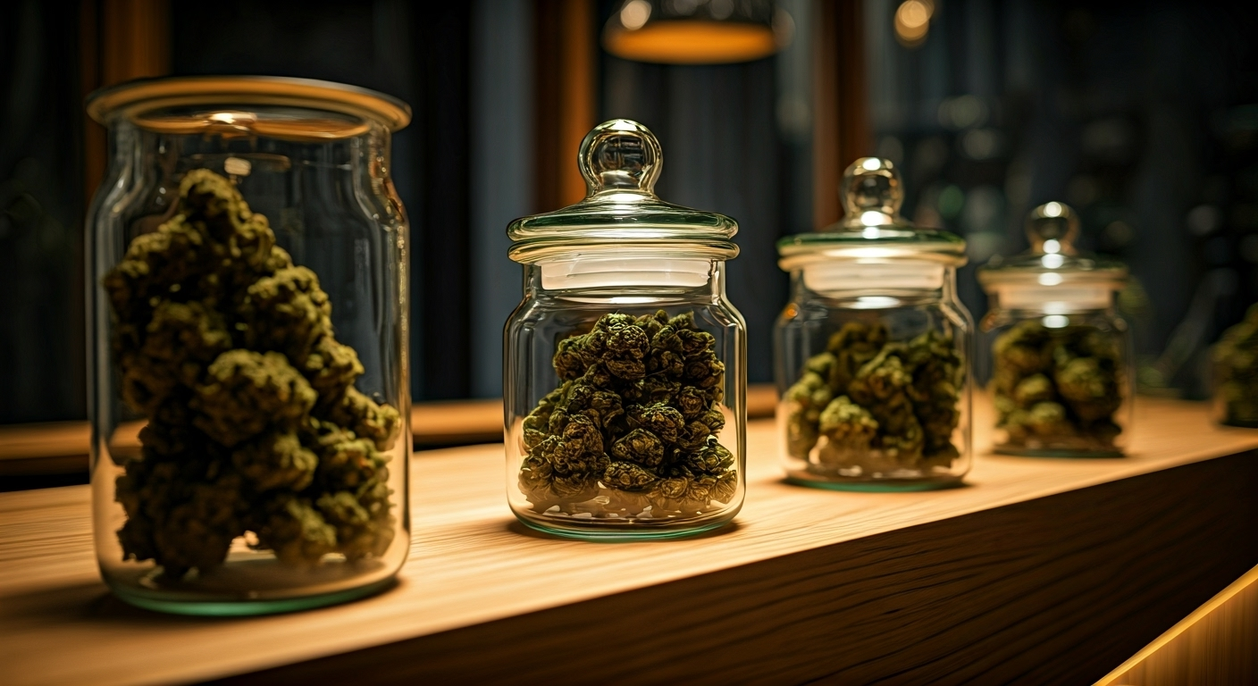 Premium cannabis flower in dispensary jars