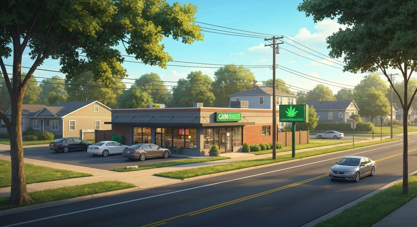 Inviting dispensary exterior on suburban road