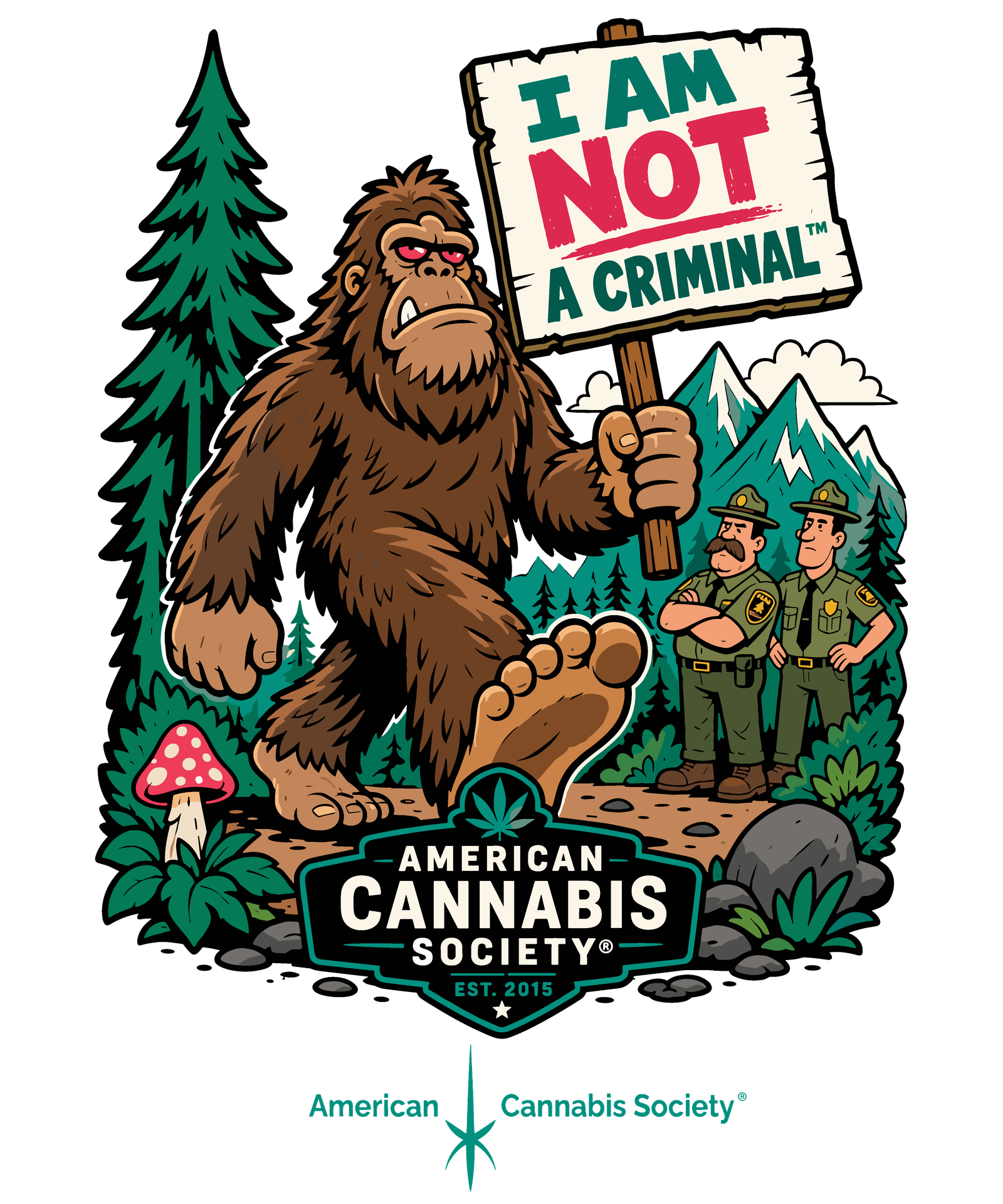 I Am Not A Criminal bigfoot design promoting the THCFACTOR affiliate program from American Cannabis Society®